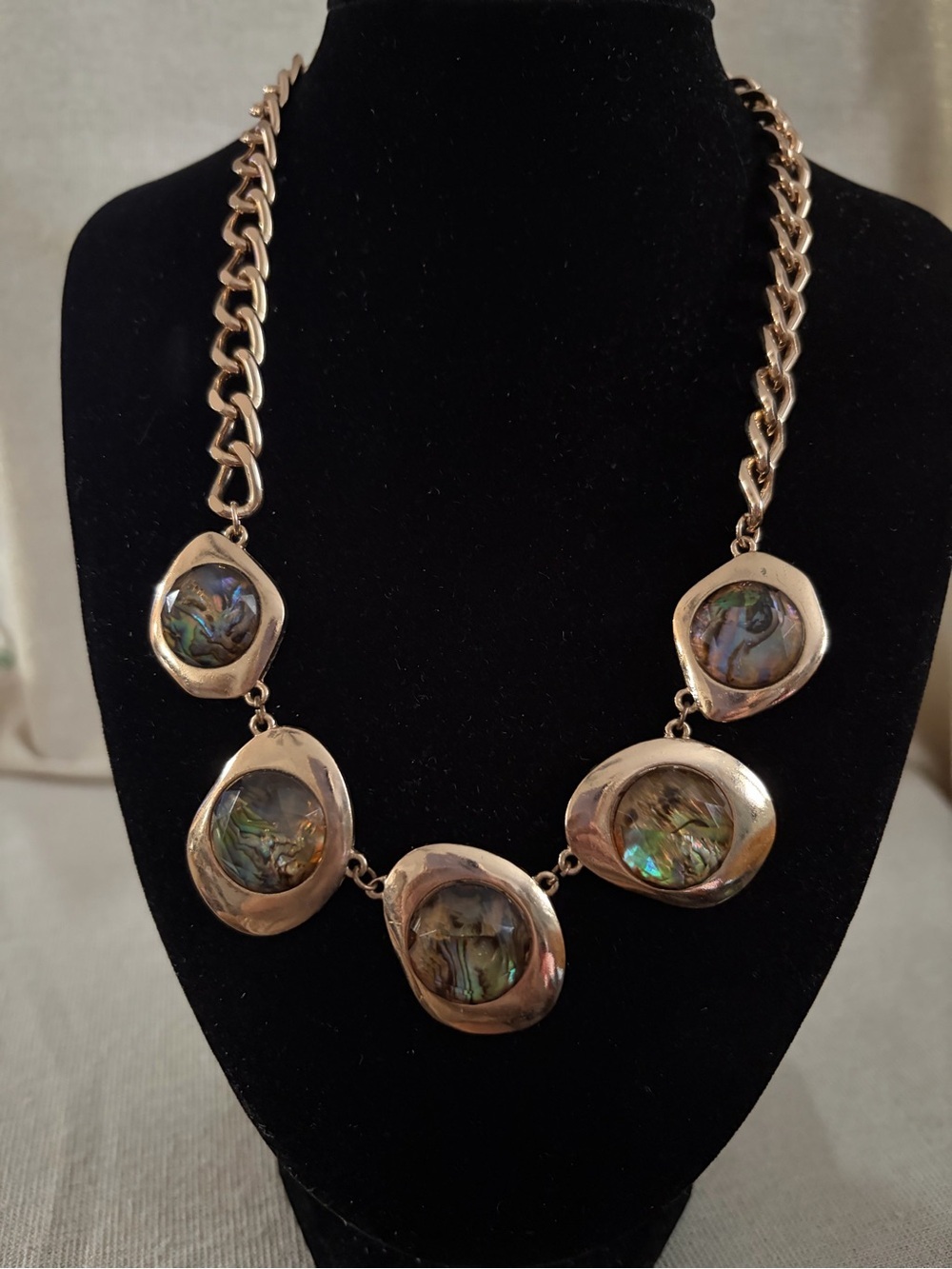Gold-Tone Abalone Statement Necklace - Elegant Iridescent Green Accent